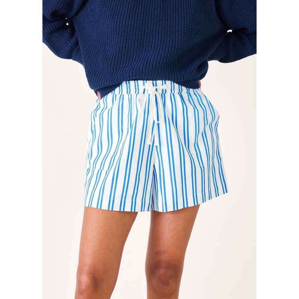 Mersea Voyageur Porto Poplin Drawstring Shorts Blue White Striped XL Womens